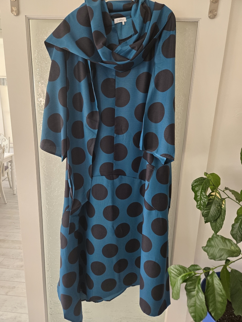 Blue And Black Polka Dot Midi Dress With Matching Scarf For Around Neckline